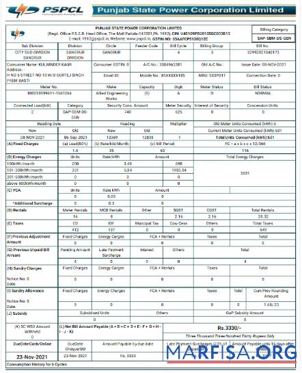 Blank INDIA PSPCL utility bill Word and PDF template